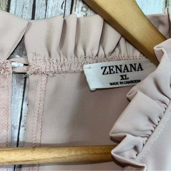 Zenana Beige Ruffle Edge Long Sleeve Blouse - Picture 2 of 5